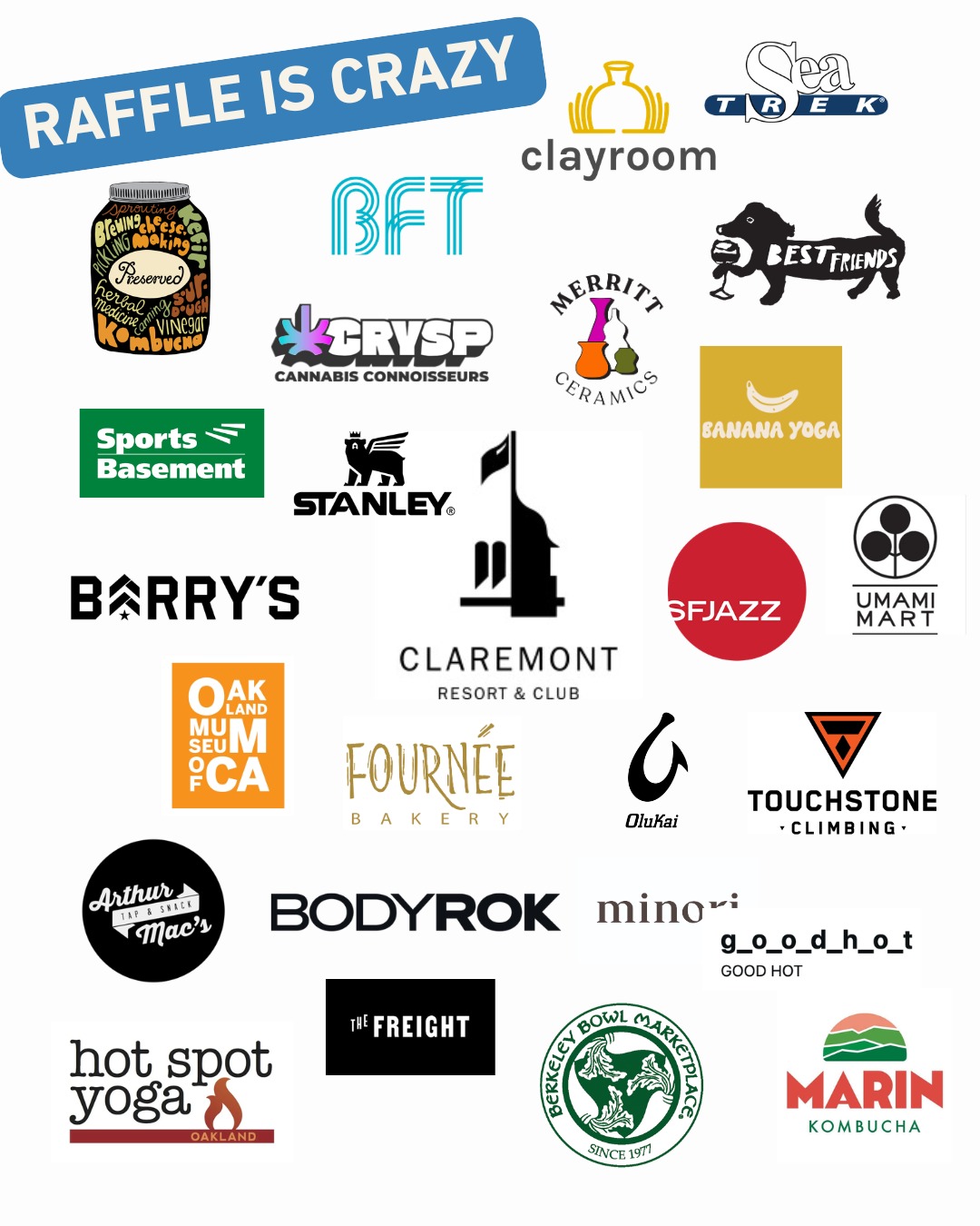 This year's raffle sponsors, including SFJAZZ, Claremont Resort, and Berkeley Bowl